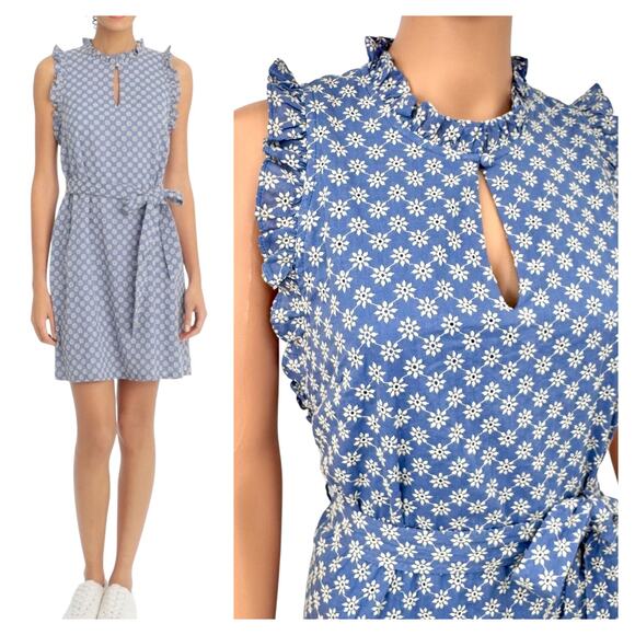 London Times Chambray Ruffle Eyelet Belted Cotton Dress Womens Size 8 NWT - Picture 1 of 16